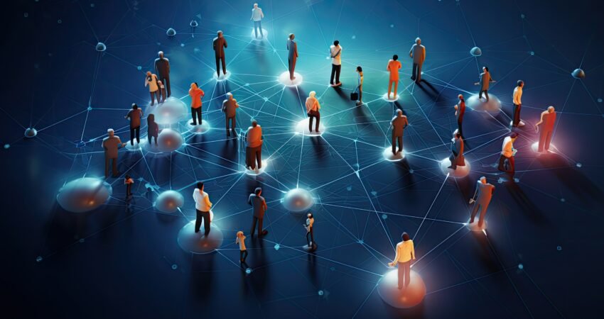 Social network concept with 3d people on dark blue background. 3D rendering, Network community, Teamwork, and Social network Concept illustration, AI Generated