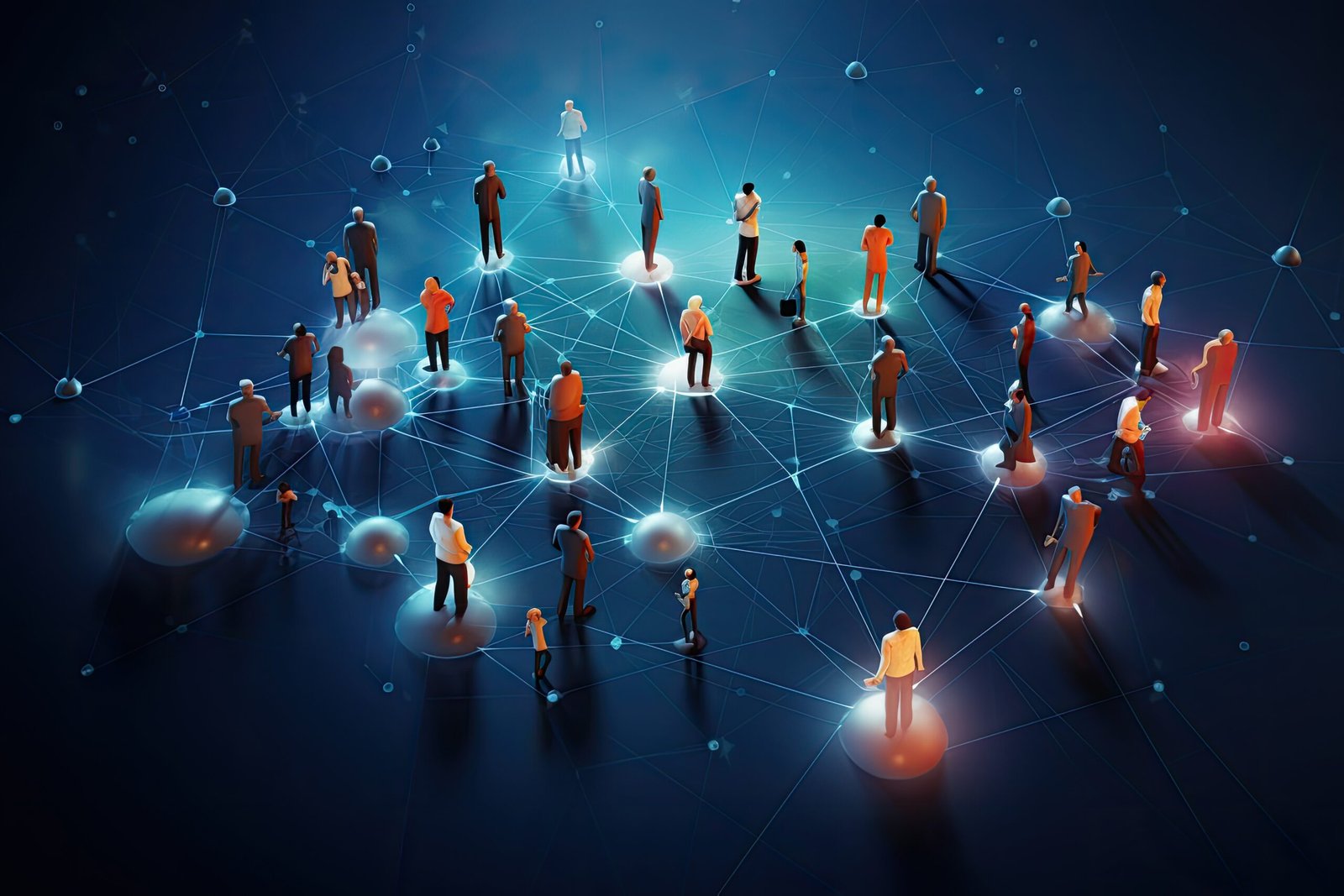 Social network concept with 3d people on dark blue background. 3D rendering, Network community, Teamwork, and Social network Concept illustration, AI Generated